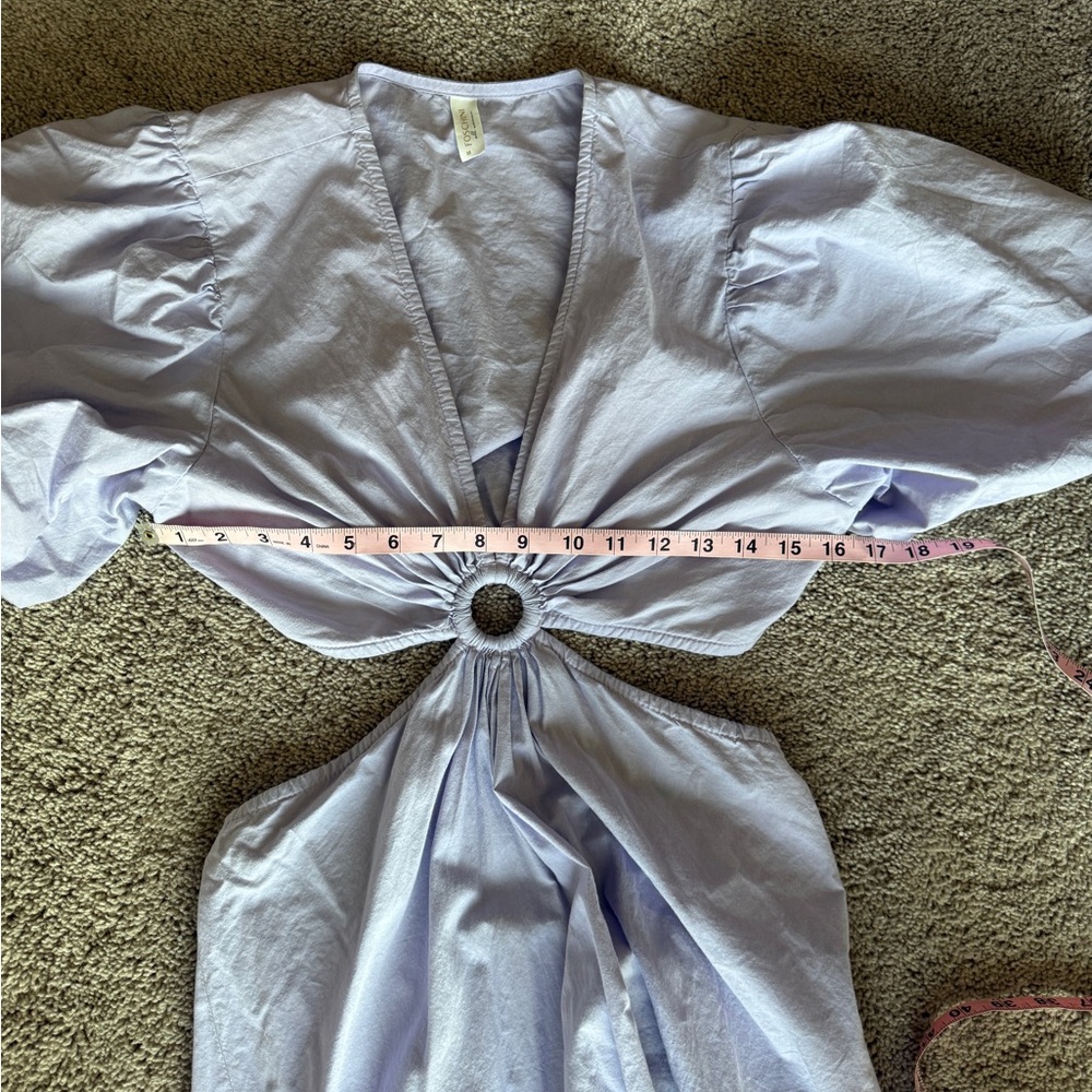 Lavender Tiered Maxi Dress with Front Ring & Puff Sleeve open back 100% cotton - Picture 12 of 13